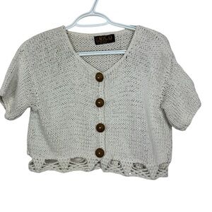 Rico Vintage Cream Crochet Knit Button Front Crop Cardigan Sweater M?